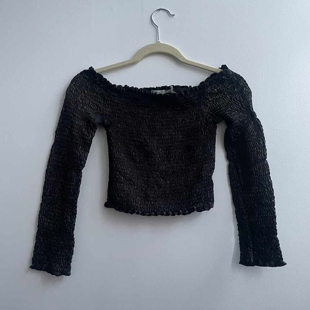 Urban Outfitters ruched black and gold off the shoulder crop top